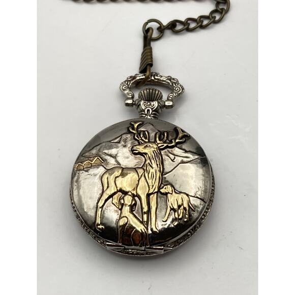 Milan Pocket Watch Mens Full Hunter 3D Deer Front - New Battery - Has Chain Clip - Picture 7 of 10
